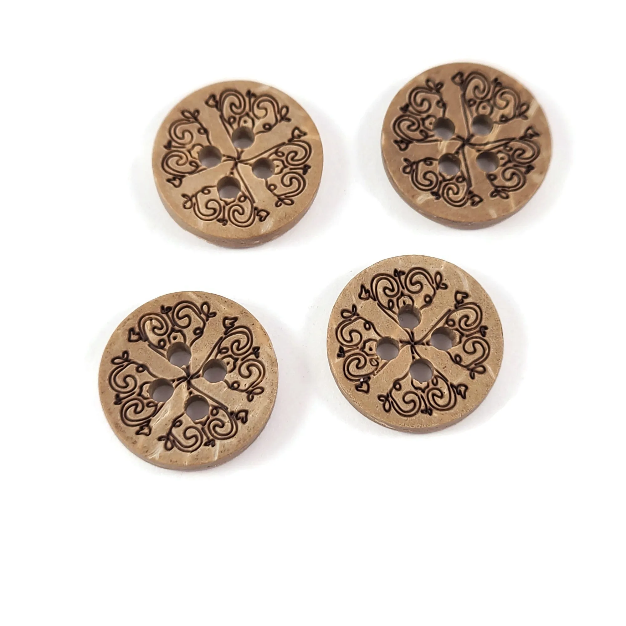 6 rustic carved floral coconut buttons 13mm