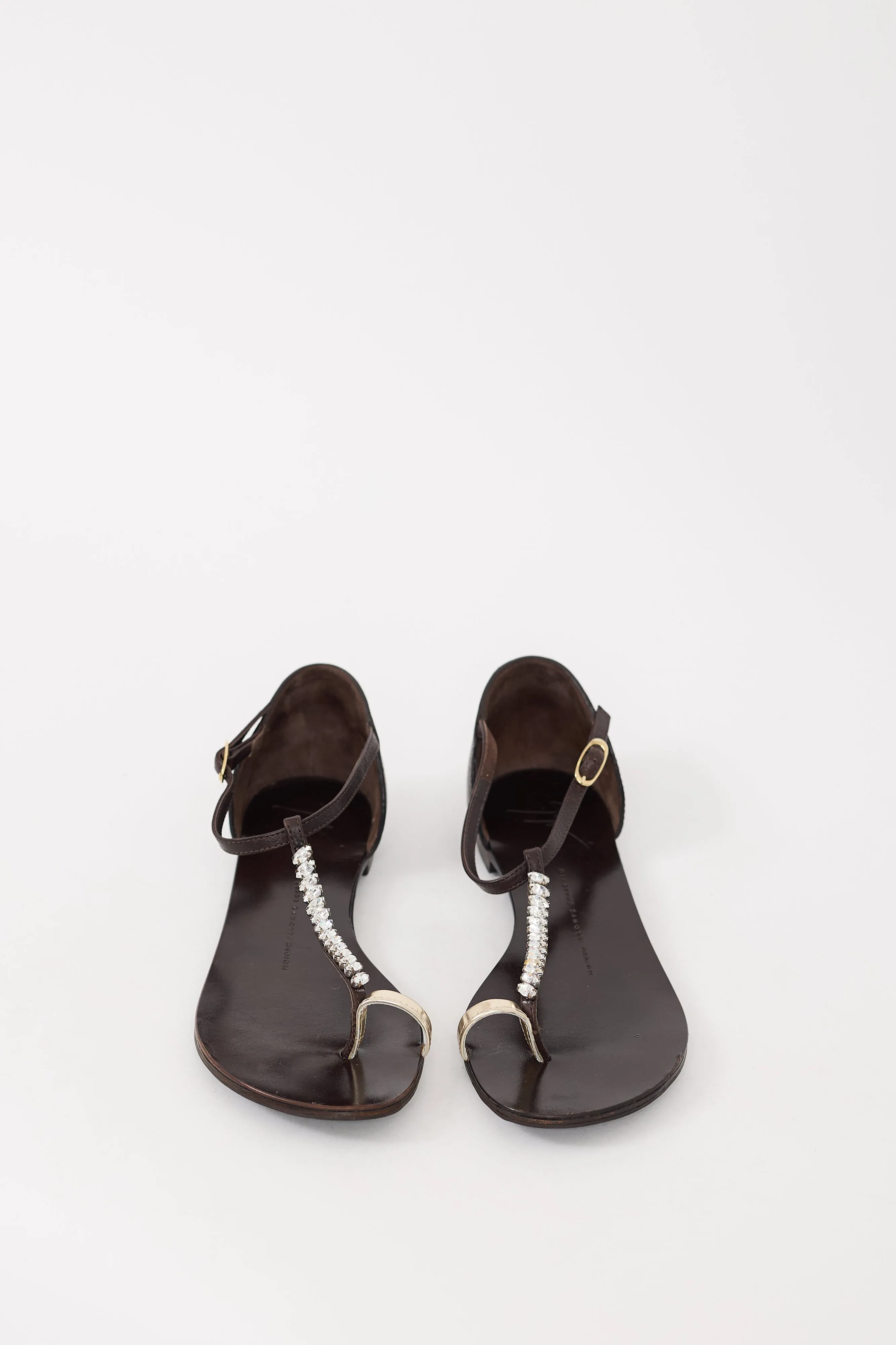 Brown & Silver Leather Crystal Embellished Sandal