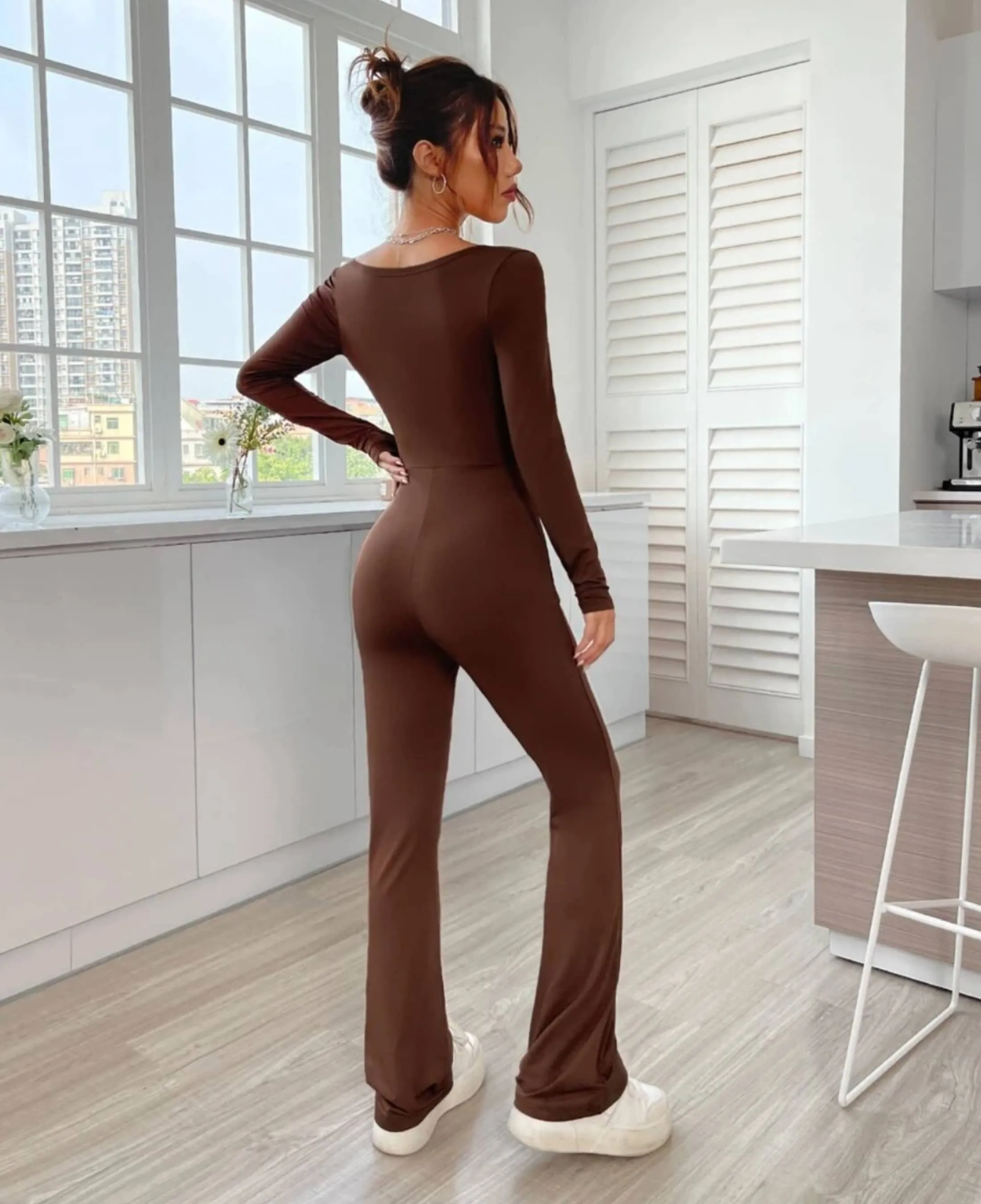 Built-In Shapewear - Flare Leg Jumpsuit Square Neck