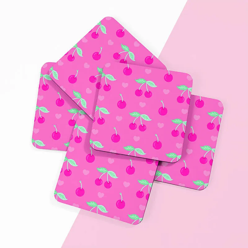 Pink Cherry and Heart Square Drinks Coaster