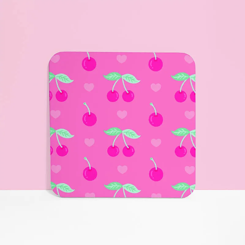 Pink Cherry and Heart Square Drinks Coaster