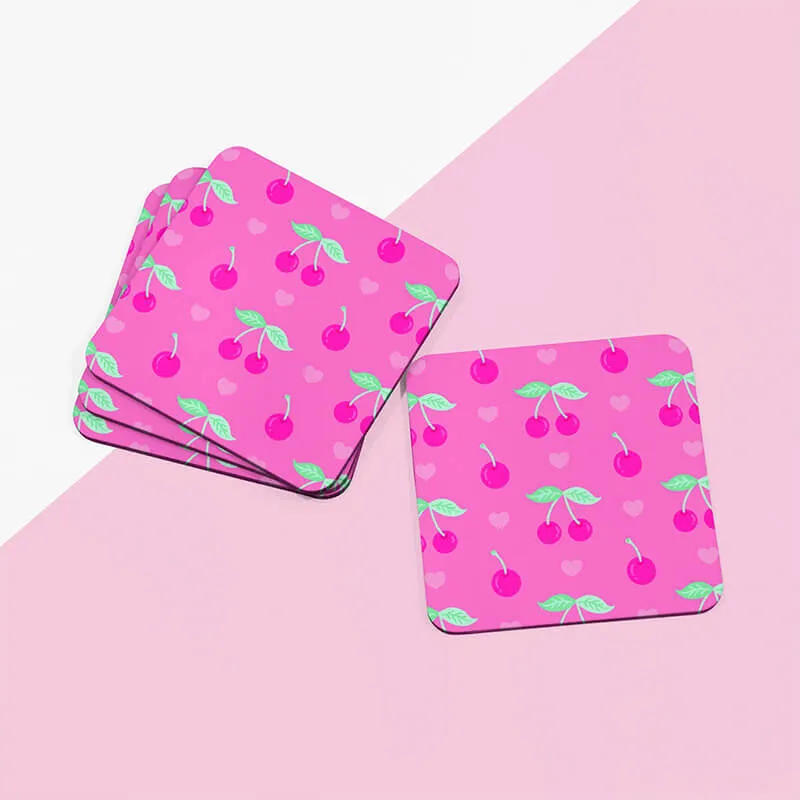Pink Cherry and Heart Square Drinks Coaster