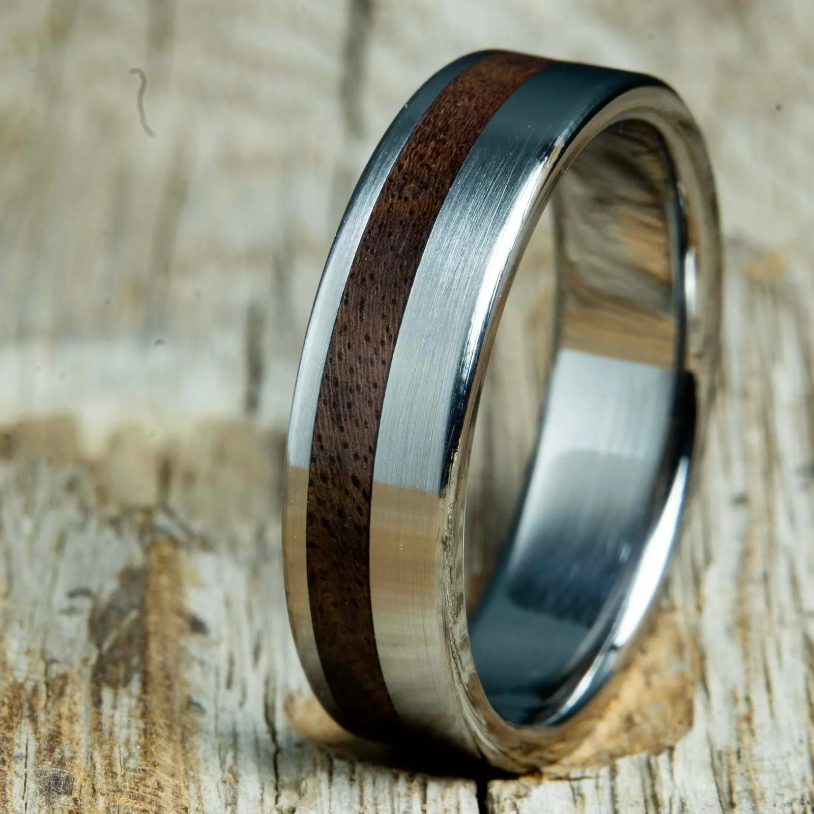 Rugged Black Walnut wood and titanium ring