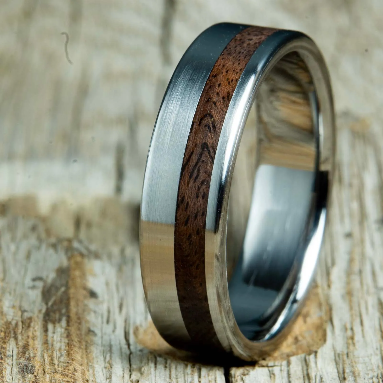 Rugged Black Walnut wood and titanium ring