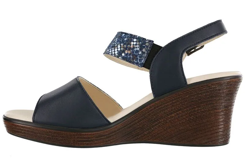 SAS Heather Quarter Strap Wedge Sandal- Navy/Multisnake